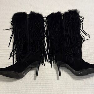 Chic Black Fringe Heeled Boots